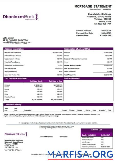 Downloadable India Dhanlaxmi Bank mortgage statement Word and PDF template